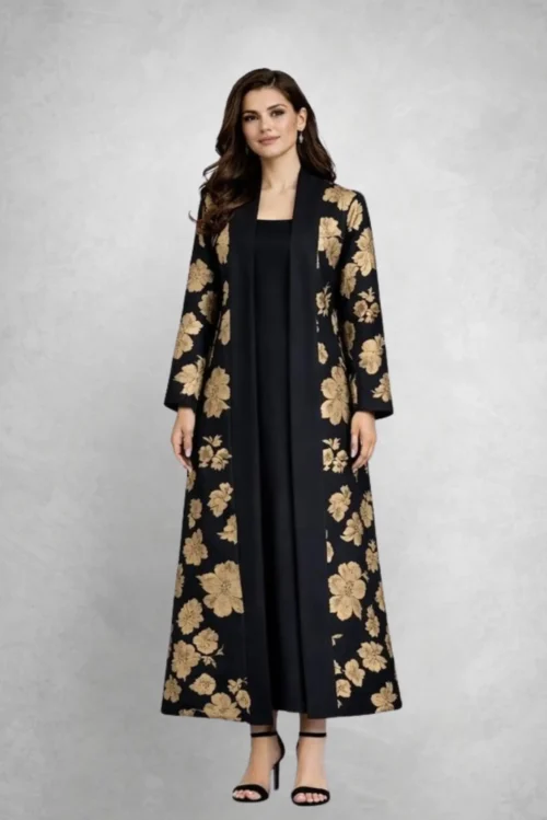 عباية جاكار سوداء بنقشة زهور ذهبية FA 707