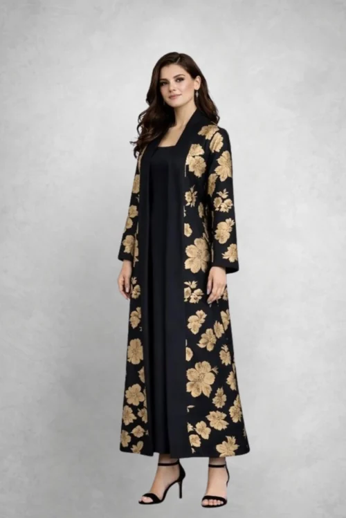 عباية جاكار سوداء بنقشة زهور ذهبية FA 707