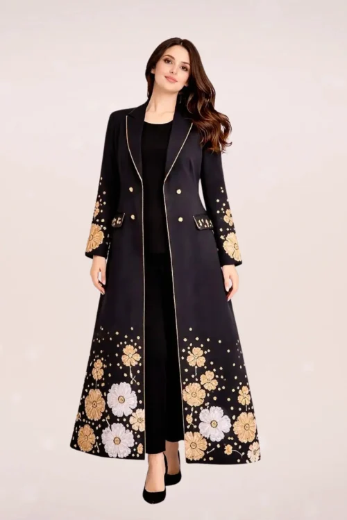 عباية جاكار سوداء مطرزة بورود بيضاء وذهبية FA 702